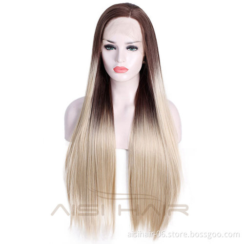 Good Quality Lace Front Wigs Silk Straight Blonde Ombre Synthetic Long Wigs Heat Resistant Synthetic Fiber Wigs